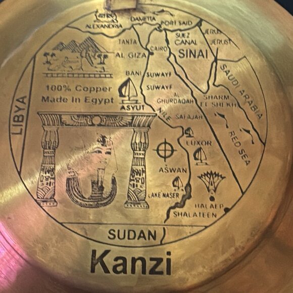 Egyptian Etched Art Solid Brass  & Copper Plate W/ Pharaoh Scene And Map - Picture 7 of 7